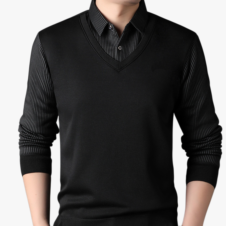 남자 겨울 니트 셔츠 가짜 투피스 기모 도톰 니트 셔츠 솔리드 스트라이프 니트 셔츠