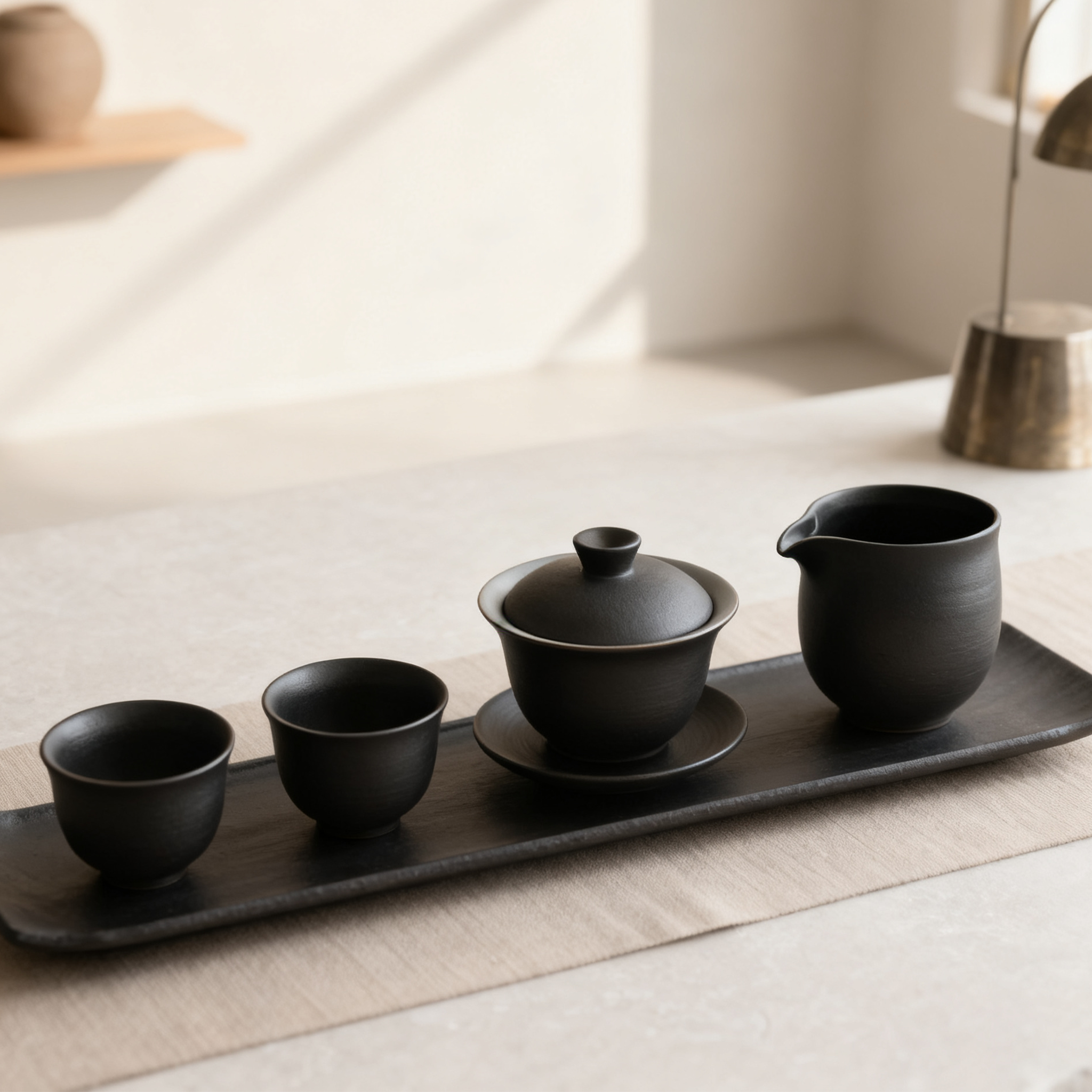 깔끔한 디자인의 세라믹 찻잔과 주전자