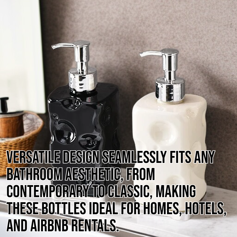 Minimalist hand soap and shower gel dispenser bottles on bathroom counter