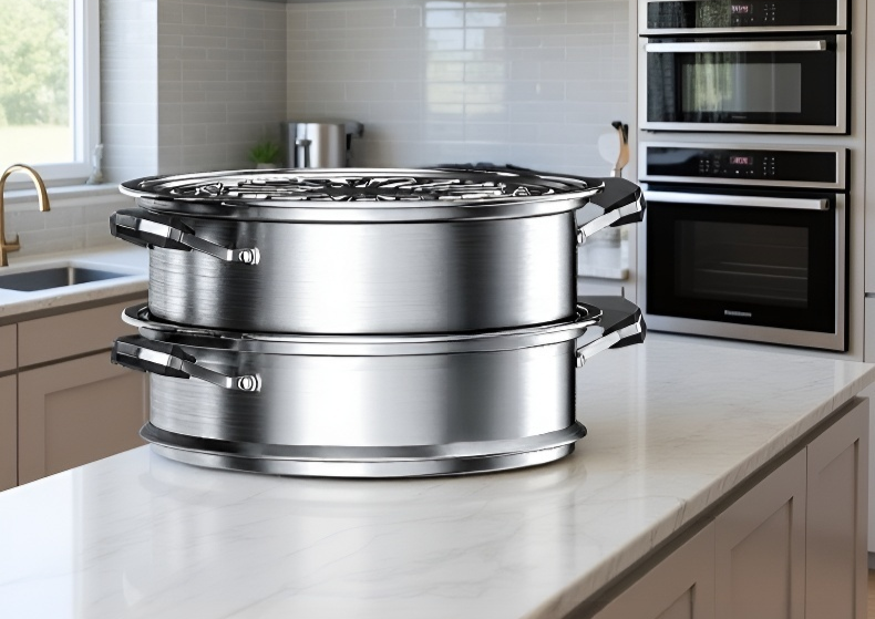 주방에서 사용 중인 스테인리스 찜기