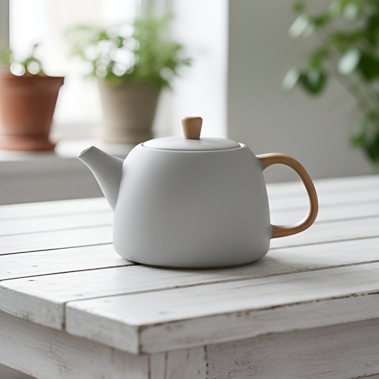 Šedá keramická konvice na čaj na kuchyňském stole