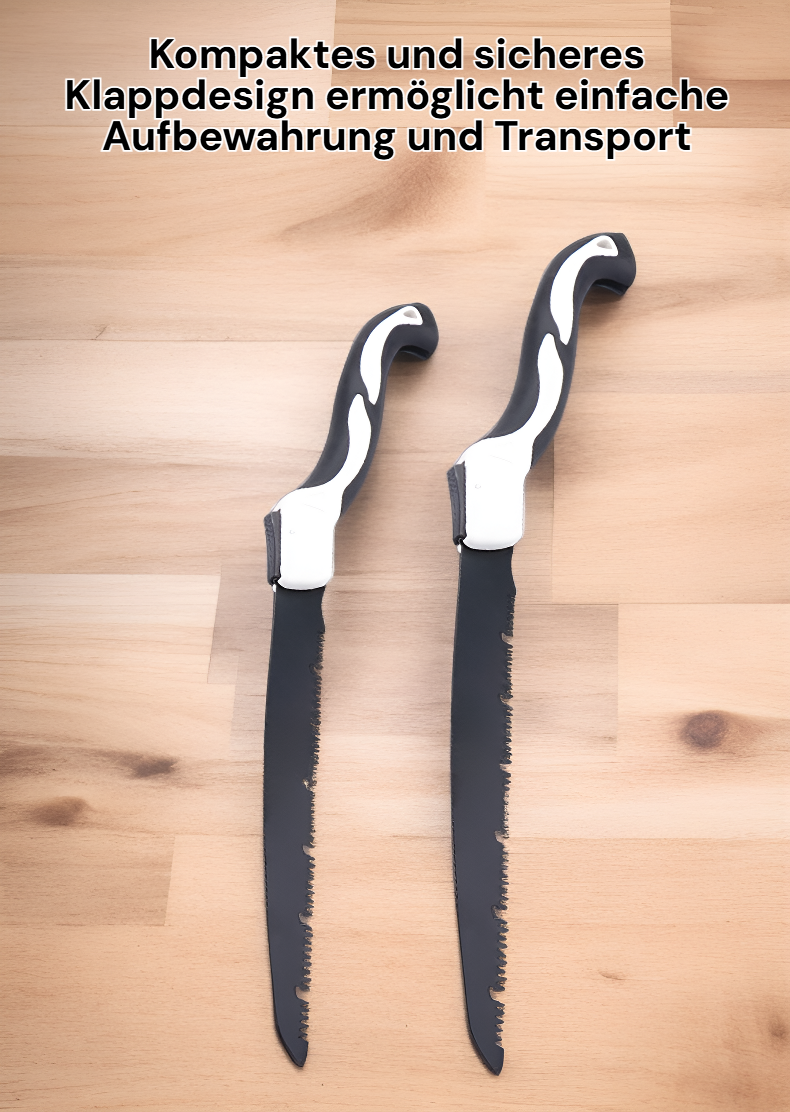 Klappbare Gartensäge mit gummiertem Griff im Garten