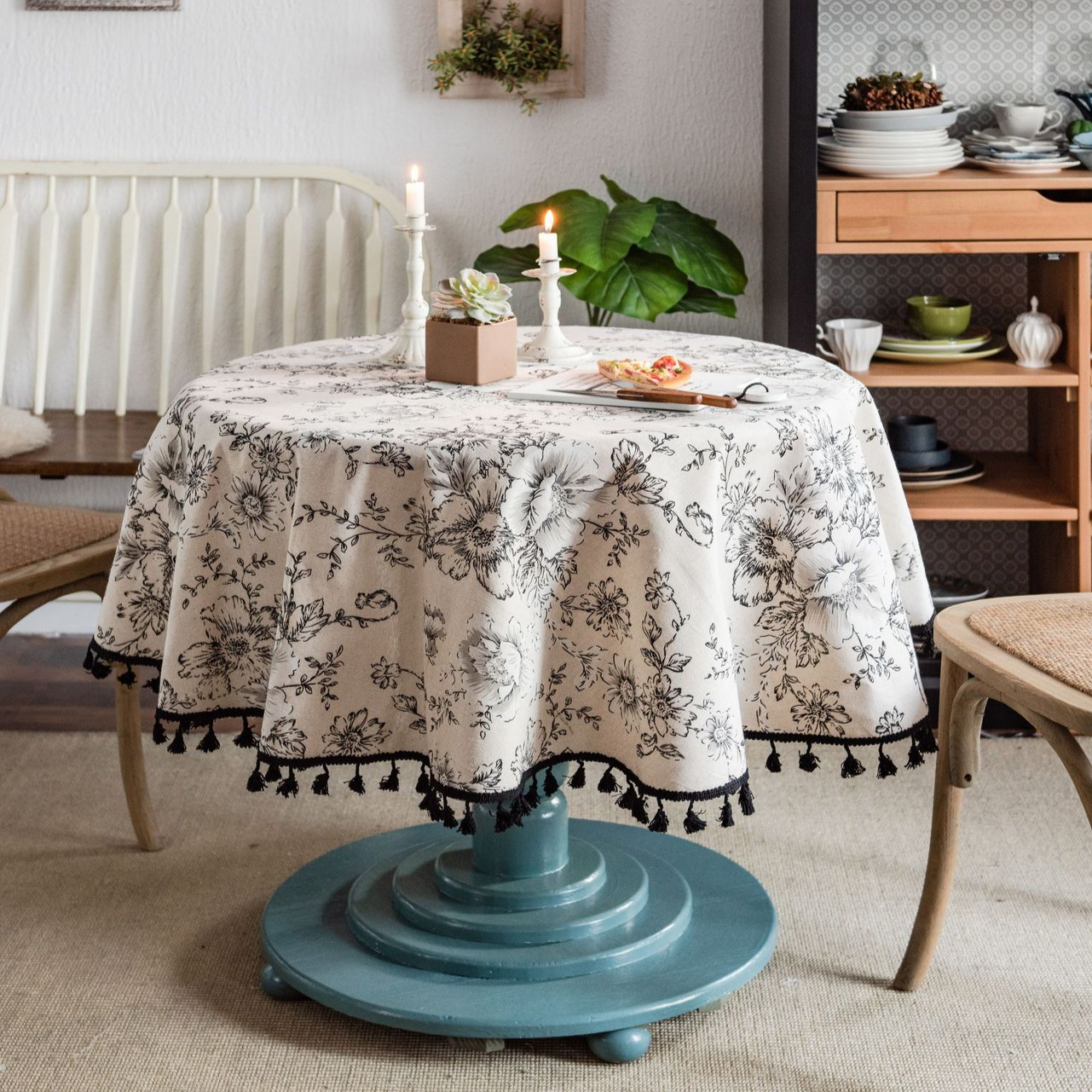 藍玫瑰印花桌布