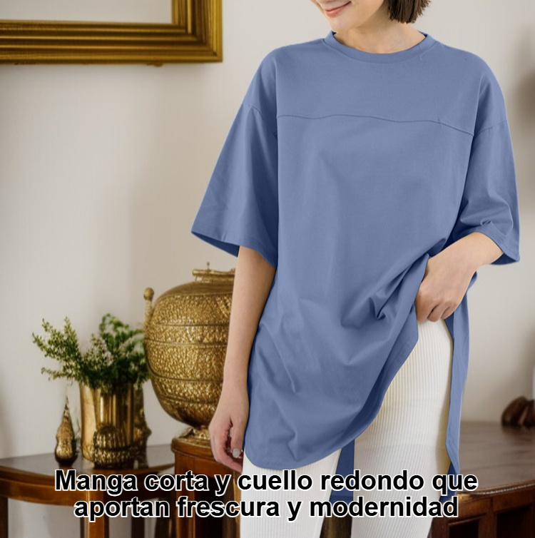 Blusa holgada de manga corta color liso para mujer