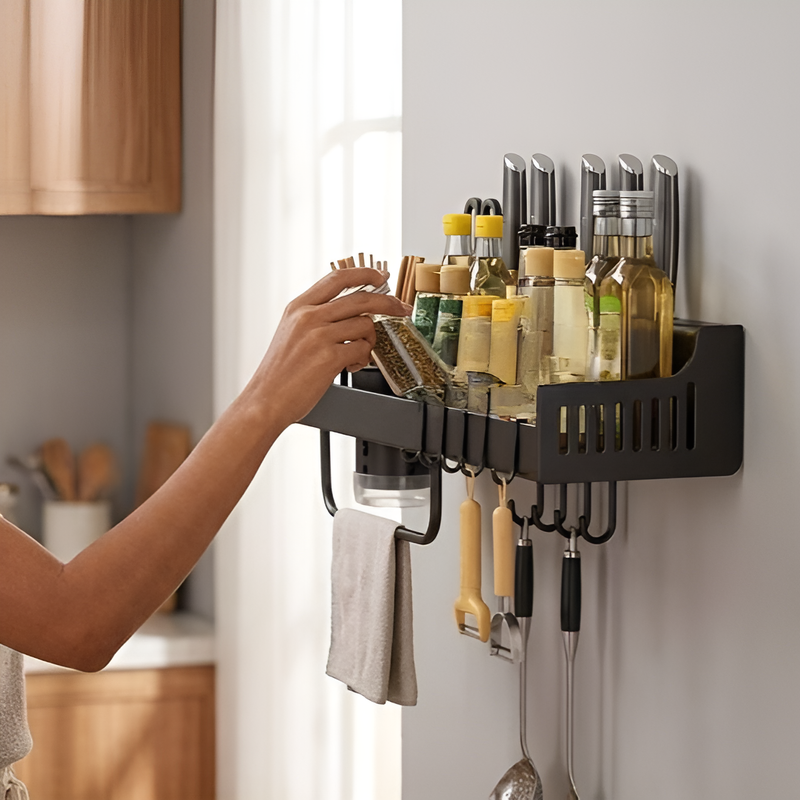 ชั้นวางเครื่องปรุงติดผนังพร้อมแท่งแขวนผ้าและตะขออุปกรณ์ครัว ชั้นจัดเก็บในห้องครัว