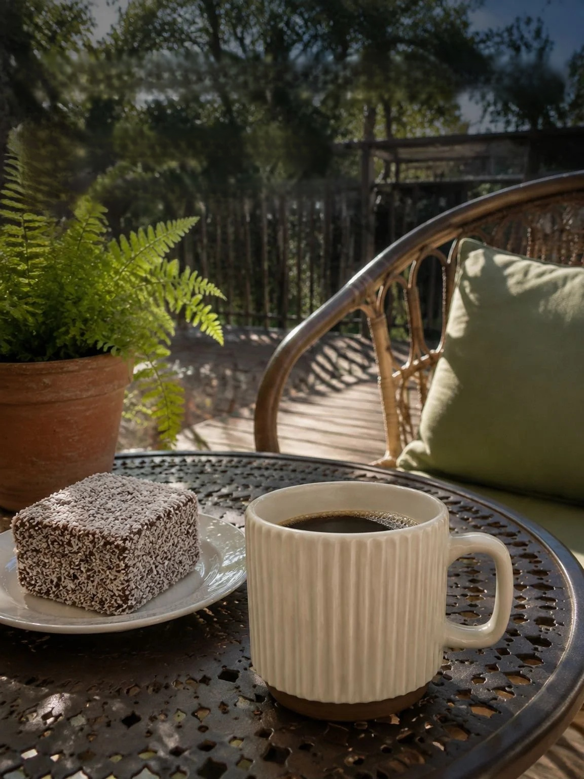 Retro Beige Mug with vertical stripe design in a stackable form