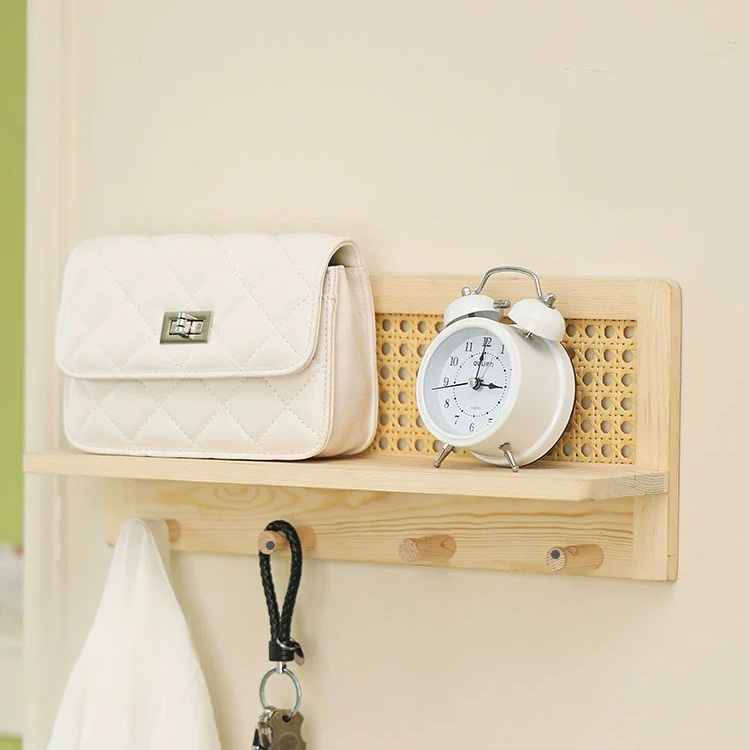 Multi-Purpose Solid Wood Rattan Storage Shelf