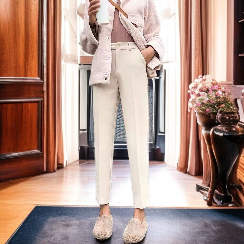 レディース ハイウエスト ツイードパンツ ストレート カジュアル スーツパンツ シガレットパンツ スモールレッグパンツ