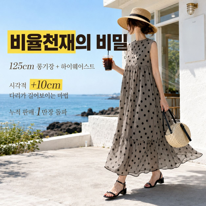 패셔너블 도트 패치워크 민소매 롱드레스