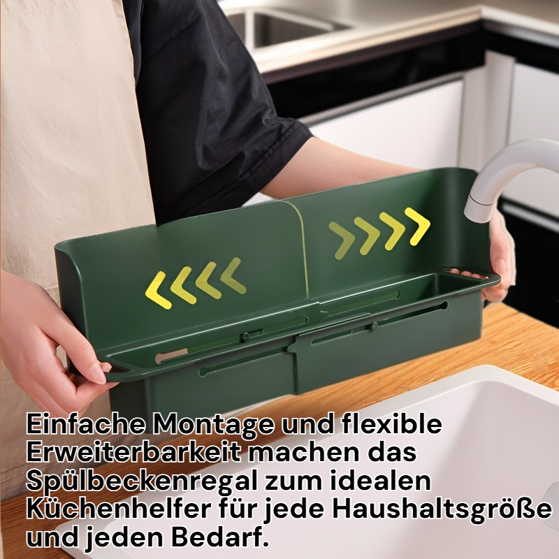 Multifunktionales erweiterbares Spülbeckenregal mit Abfluss und Spritzschutz