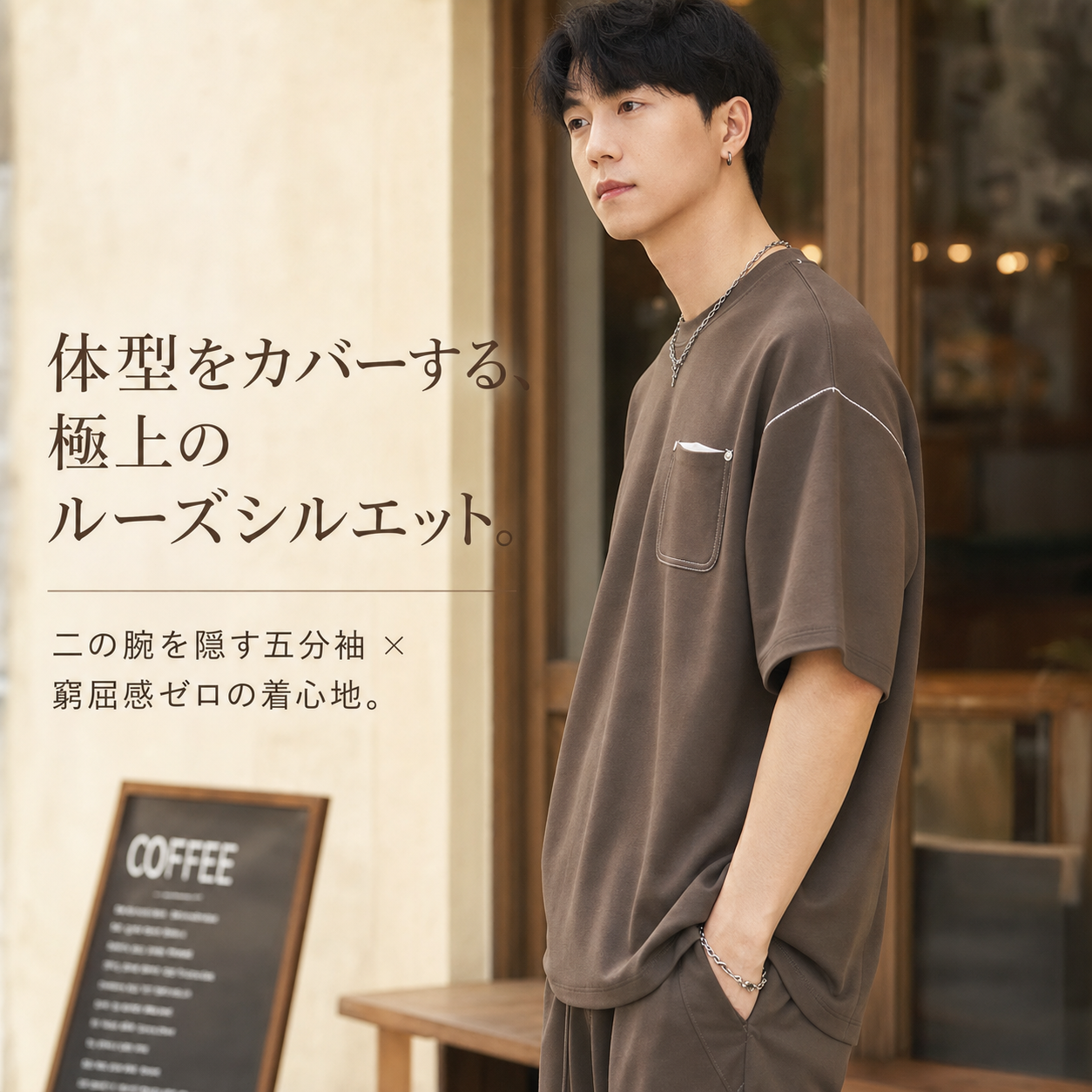 夏用メンズライン入りポケットツーピースカジュアルウェア