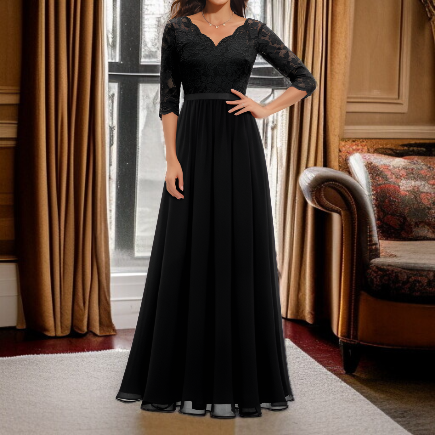 ウエストにフィットした、エレガントで洗練されたレーストリムの新作ロングドレス。