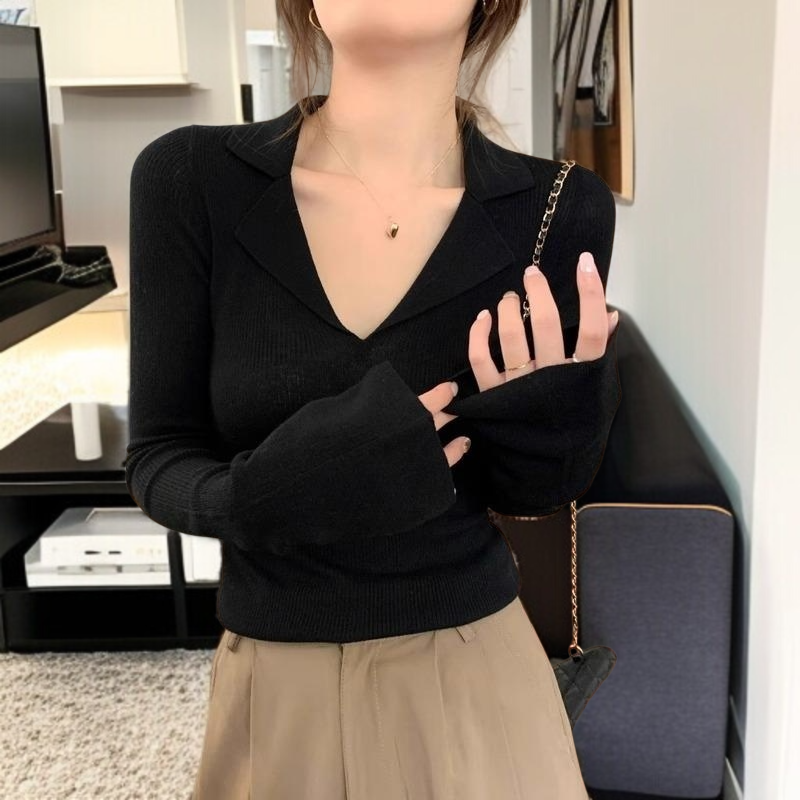 여자 추동 이너 쇄골 시크 긴팔 니트 브이넥 이너 톱