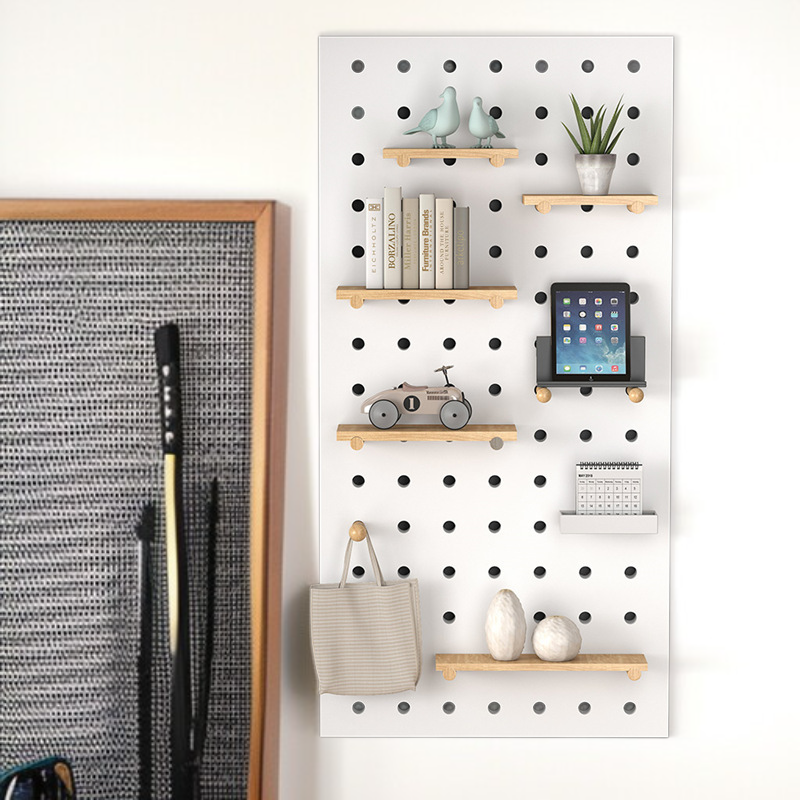 Solid wood wall-mounted entryway storage rack with hooks