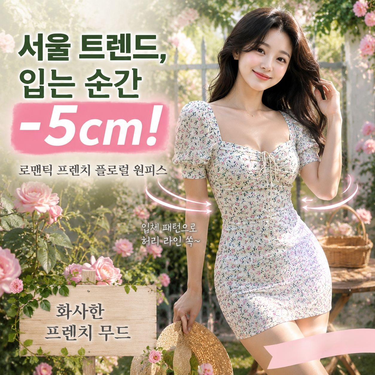 여성 스퀘어넥 쉬폰 플라워 스트링 퍼프 원피스