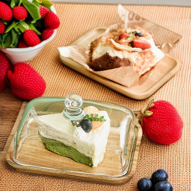 유리 덮개가 달린 목재 사각형 다과판