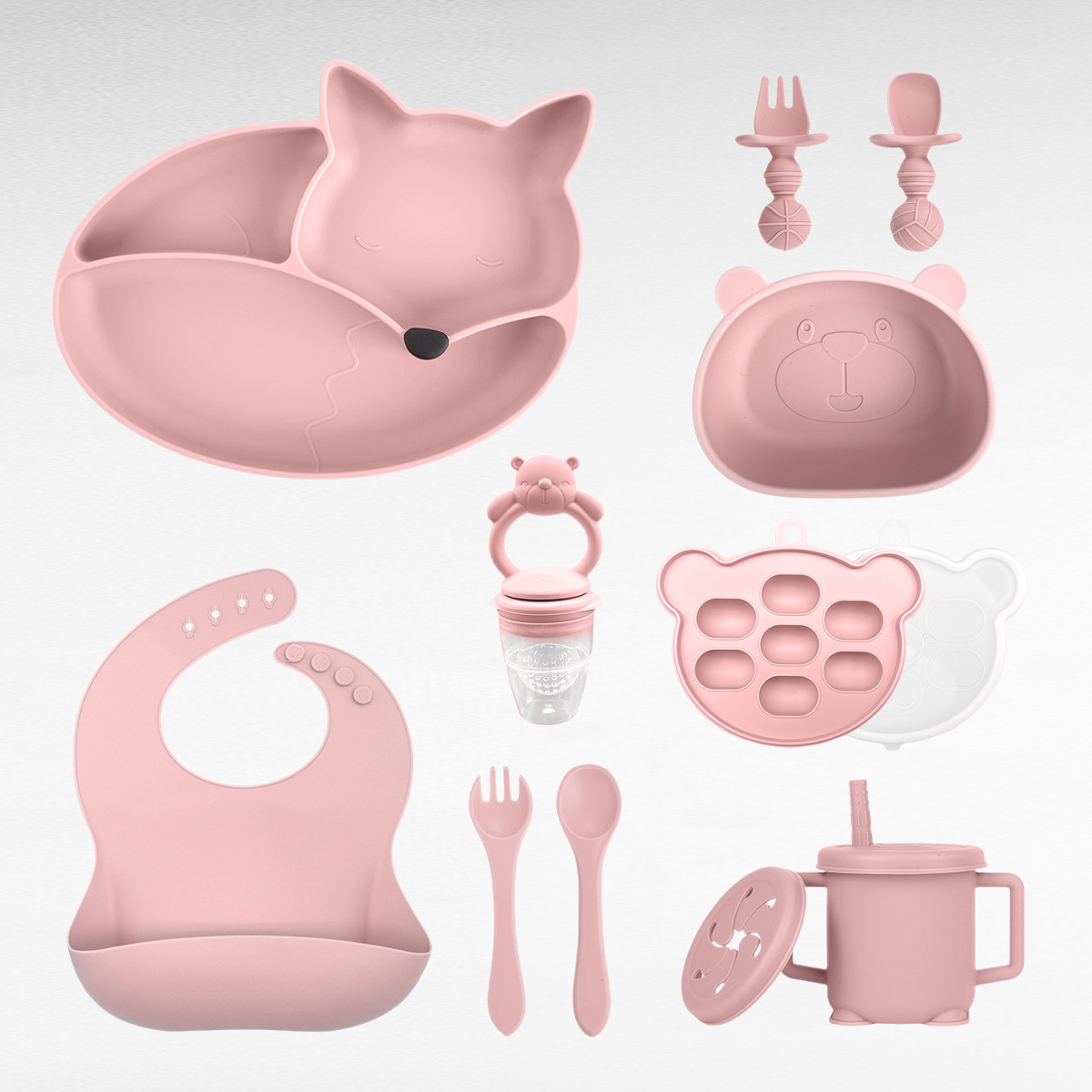  Infant Silicone Suction Bowl and Plate Set, Fox Design Feeding Tableware
