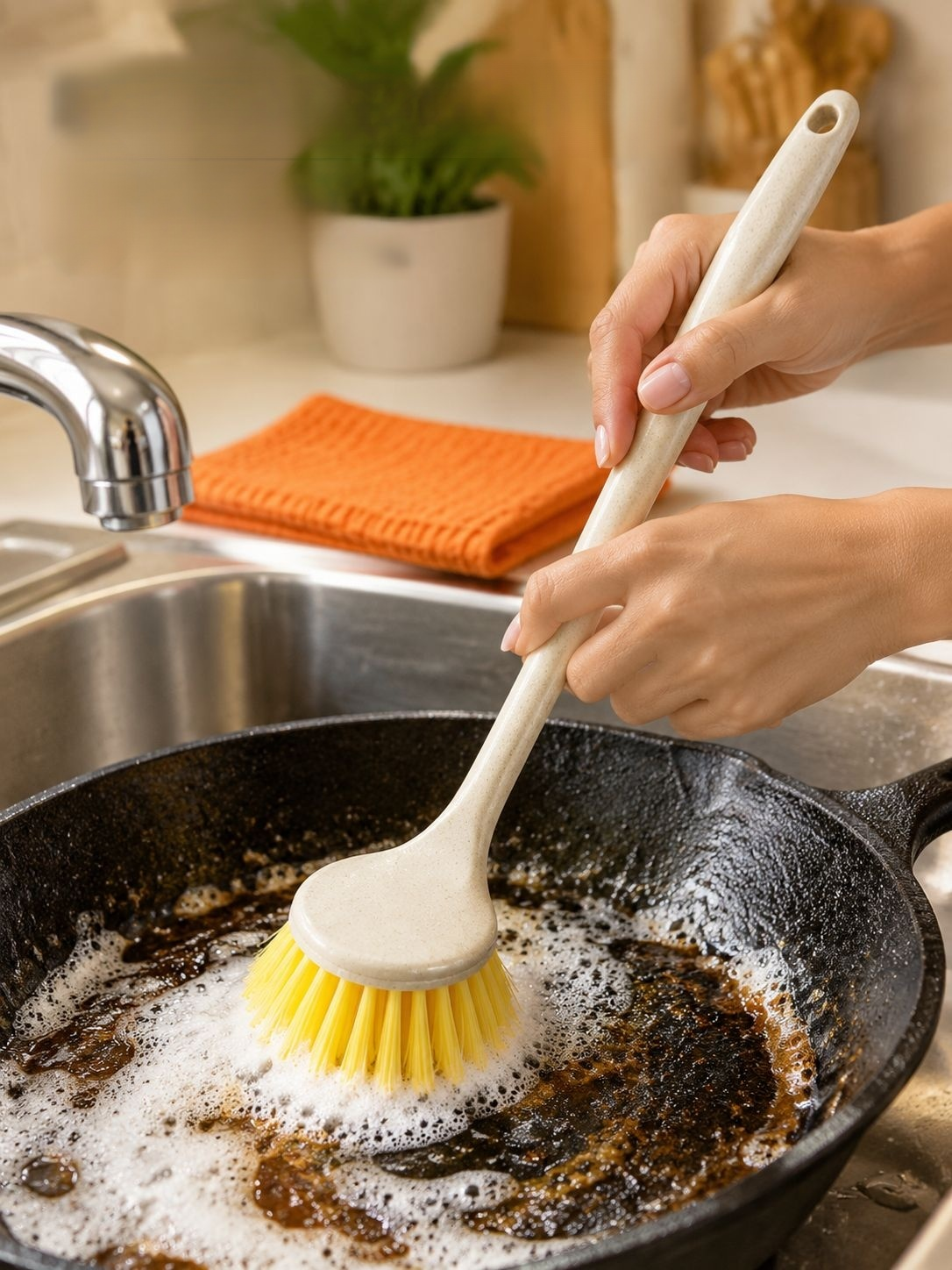 Cocina de paja de trigo mango largo olla cepillo de lavado cepillo de limpieza lavavajillas no hace 