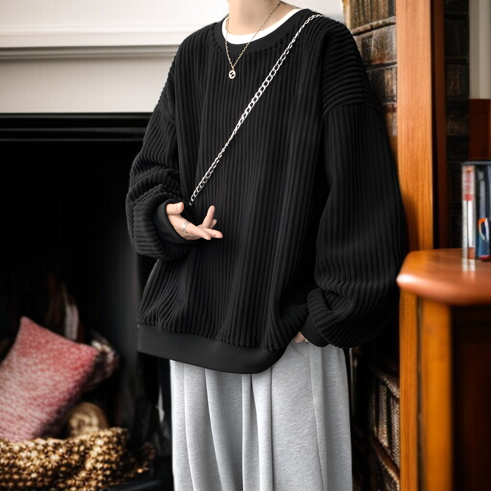 和風コーデュロイメンズスウェットシャツ正面画像