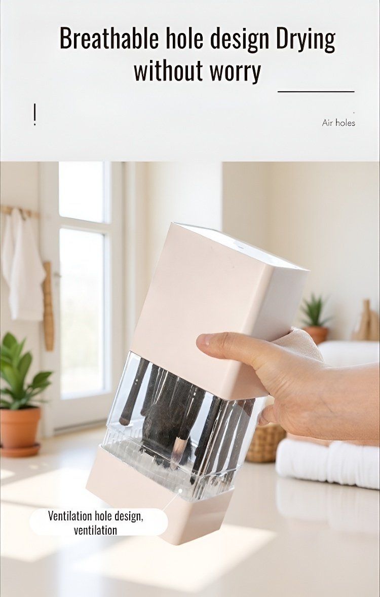 Closeup of organizer storing various makeup brushes