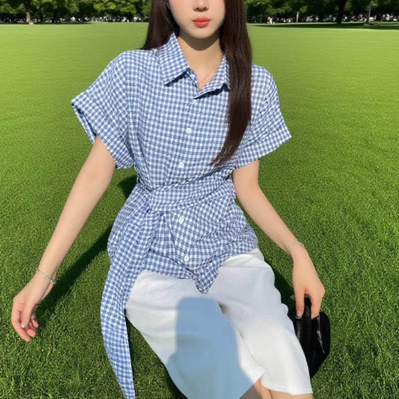 하프 기장 허리 조임 스트랩 체크 반팔 셔츠