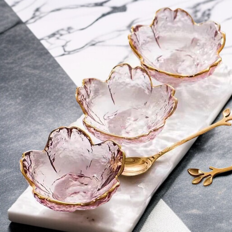 분홍색 금테 높은 용모치 유리 작은 접시