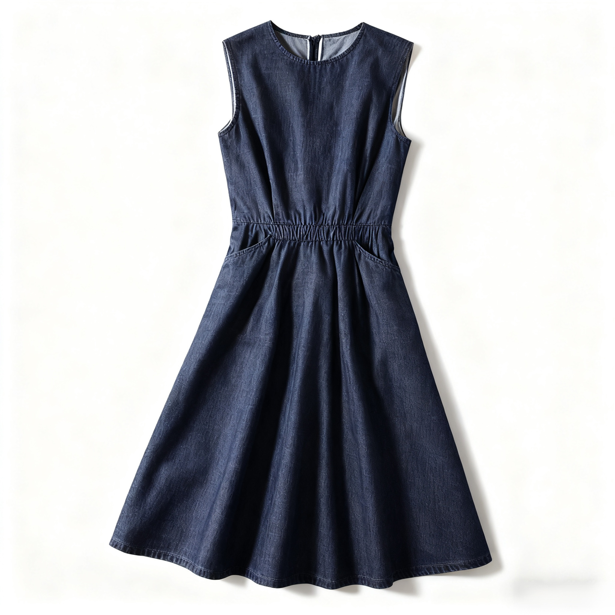 デニムブルーのノースリーブデニムドレス全体画像