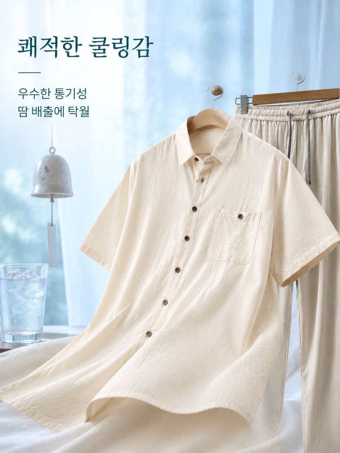 노년 남성 린넨 혼방 반팔 홈웨어 세트