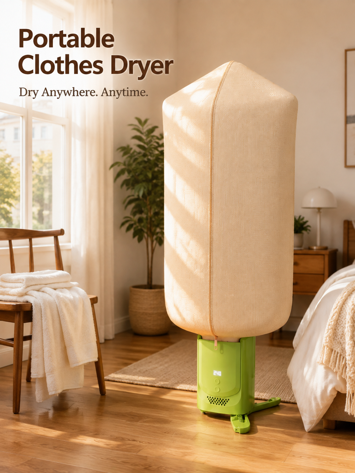Small, foldable, portable clothes dryer; indoor drying; no installation required; 360° hot air funct