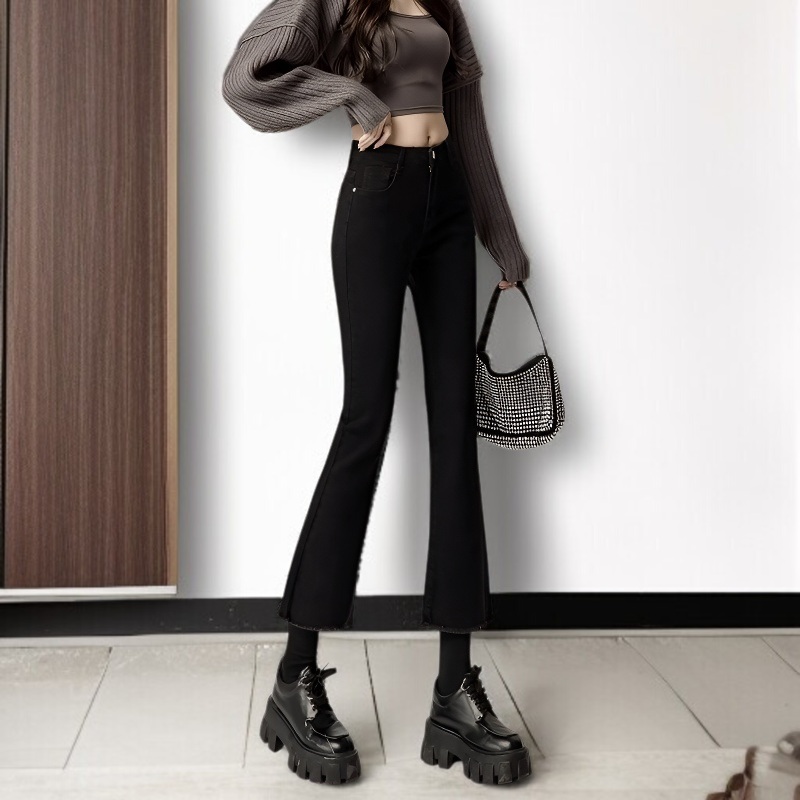 秋の女性用の黒のわずかにフレアのイミテーションジーンズ、小柄な人向けの韓国バージョン、ハイウエスト、スリムな89ポイント、多用途のカジュアルベルボトムパンツ