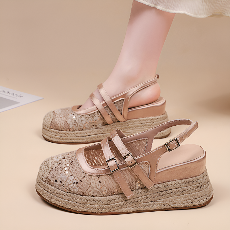 ウェッジヒールサンダル、レディース用クローズドトゥサンダル、2025年新作サンダル、フレンチハイヒールプラットフォームシューズ、スパンコールダブルバックルウェッジヒールサンダル