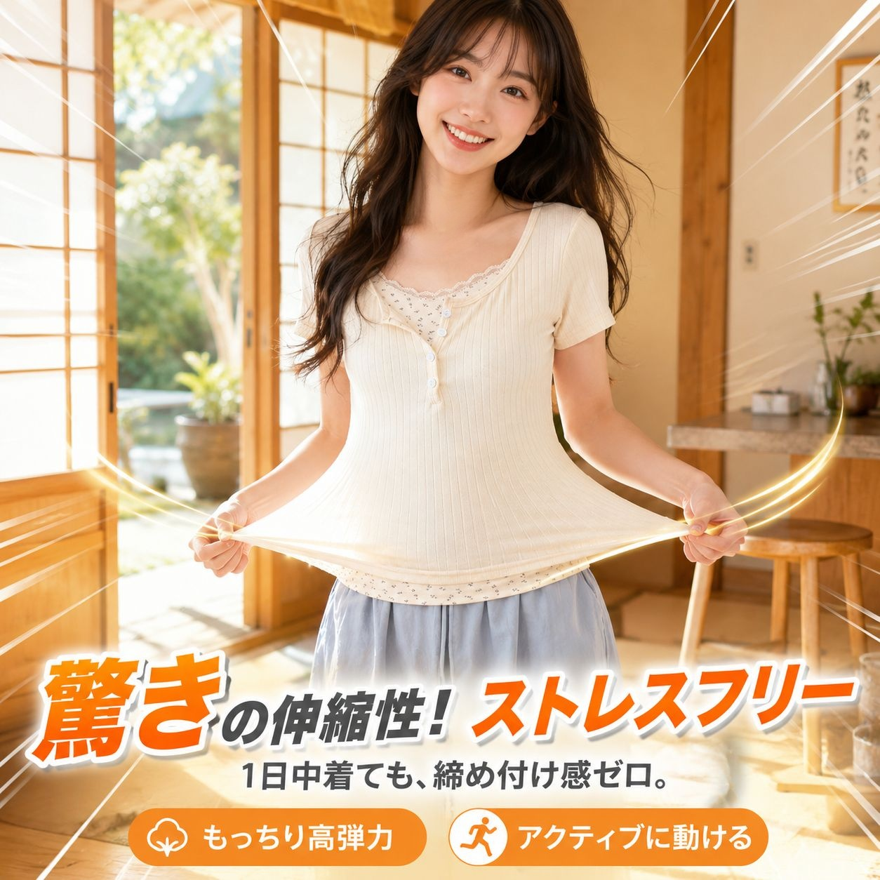 レース付きデザイン 重ね着風スリム半袖トップス