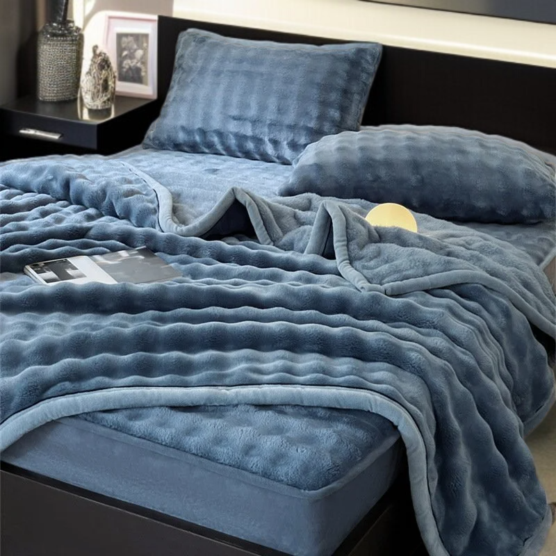 Juego de cama de terciopelo de burbujas con sábana lisa y colchón grueso de felpa