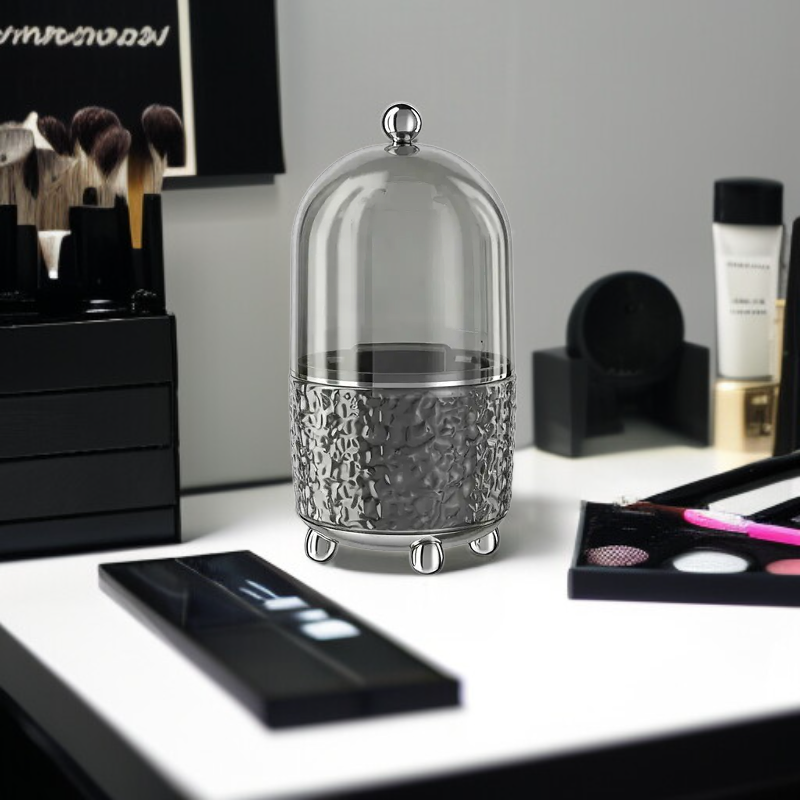 Clear acrylic cosmetic storage box holding beauty products