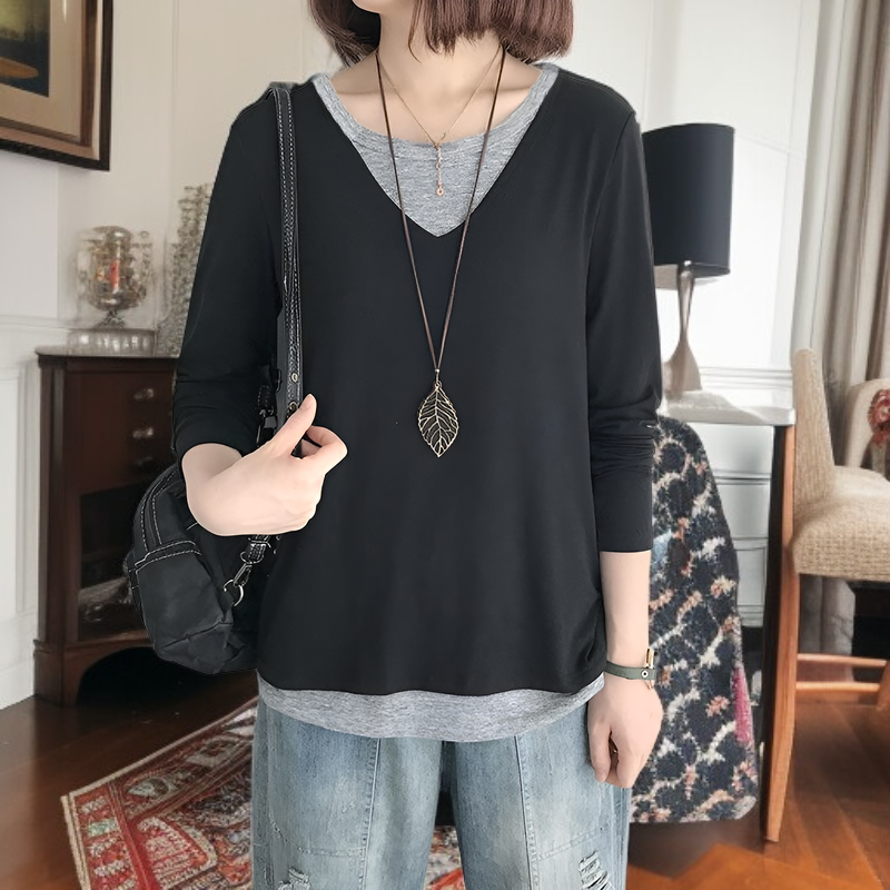 レディース秋長袖Tシャツ、秋パッチワークフェイクツーピースセット、新韓国スタイルカジュアルシックトップス、Tシャツベースレイヤー