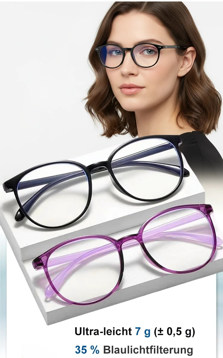 Ultraleichte integrierte Lesebrille mit Blaulichtfilter auf weißem Hintergrund