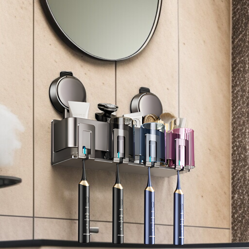 家庭用バスルーム吸盤歯ブラシとカップ収納ラックパンチフリー壁掛け洗面台マウスウォッシュカップ収納アーティファクト