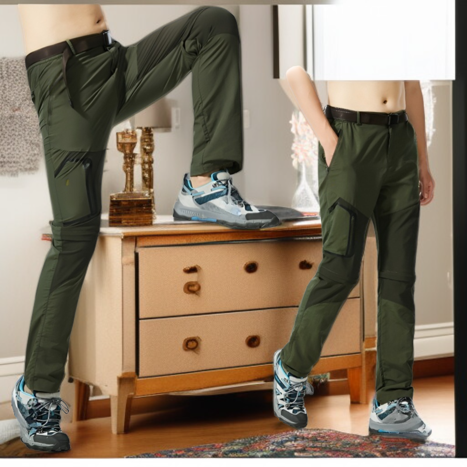 メンズゆったり速乾登山パンツ ショートにもなる2WAYワークパンツ