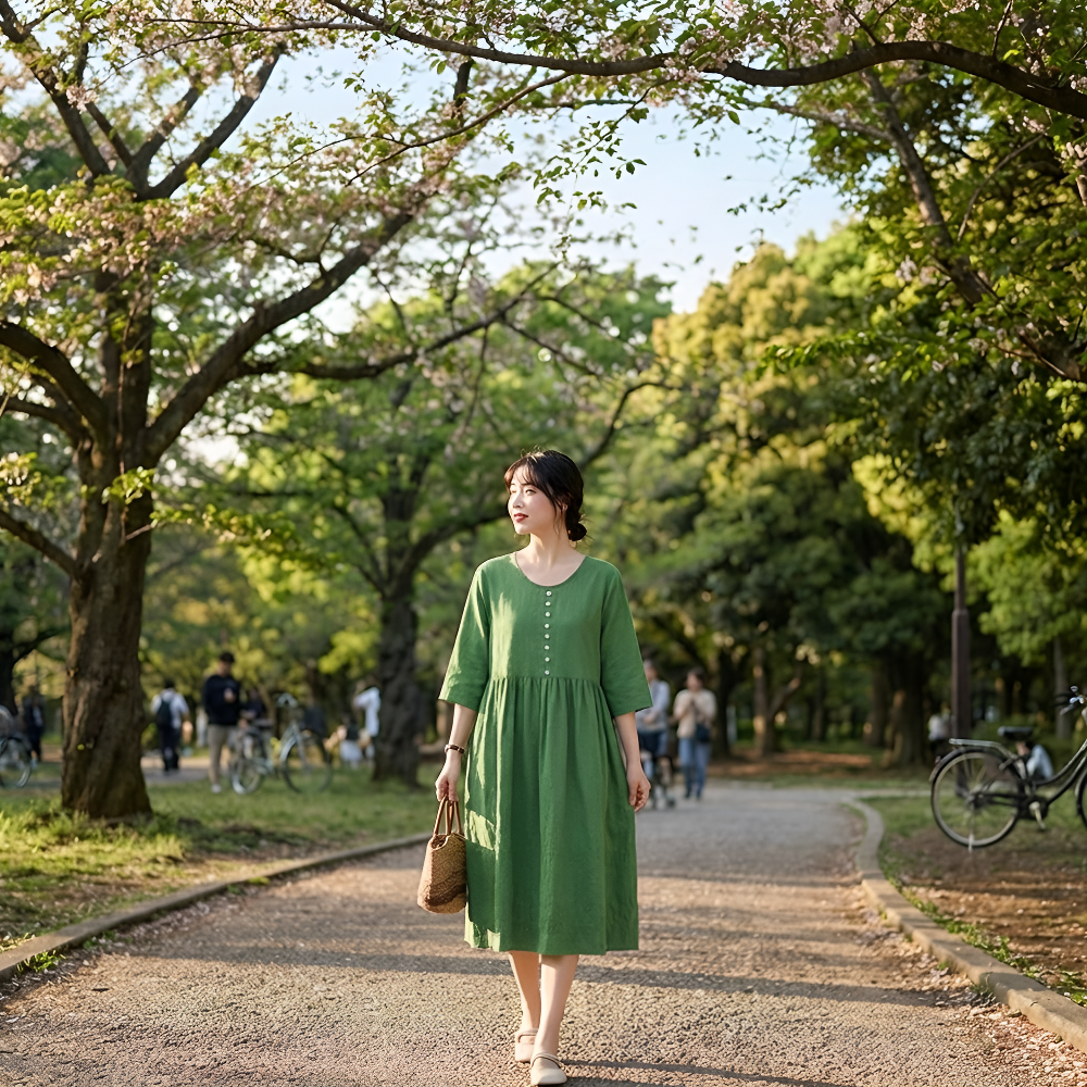 ゆったり切替コットンリネンVネック五分袖ミディアムワンピース（レディース・アート風）