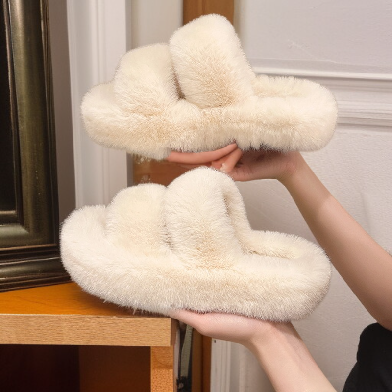 รองเท้าแตะขนเฟอร์สีลูกกวาด สไตล์เกาหลี สายคู่อัปเปอร์ เปิดหัว ใส่ในบ้าน พื้นหนา