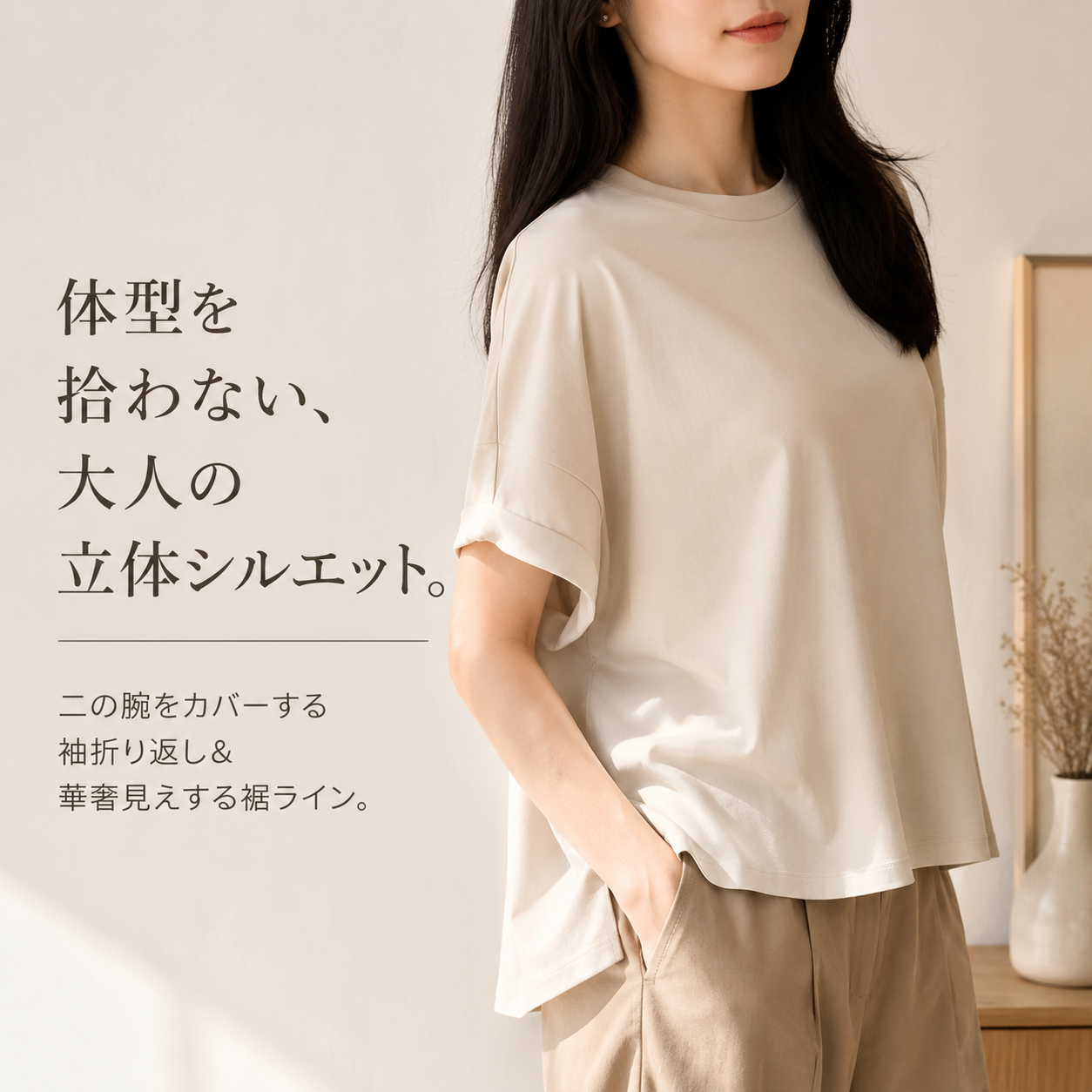 日本風スリム見えゆったりシルクモダールTシャツ レディース