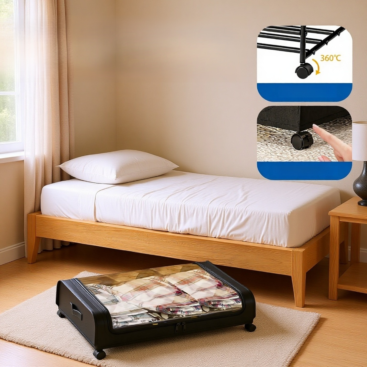 Caja organizadora plegable con ruedas debajo de la cama