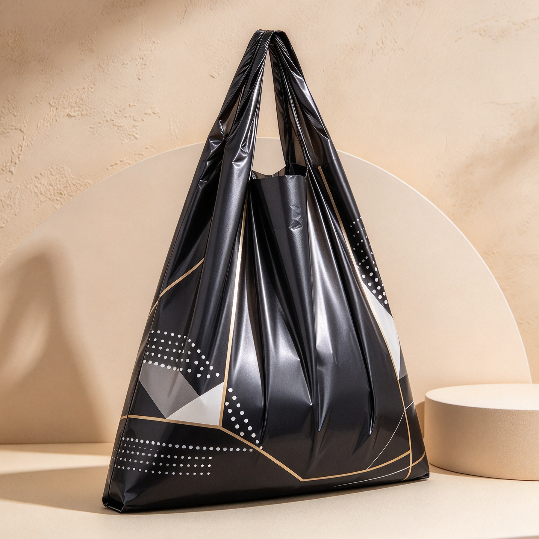 Black and gold geometric-patterned trash bags with handles, 500-count pack