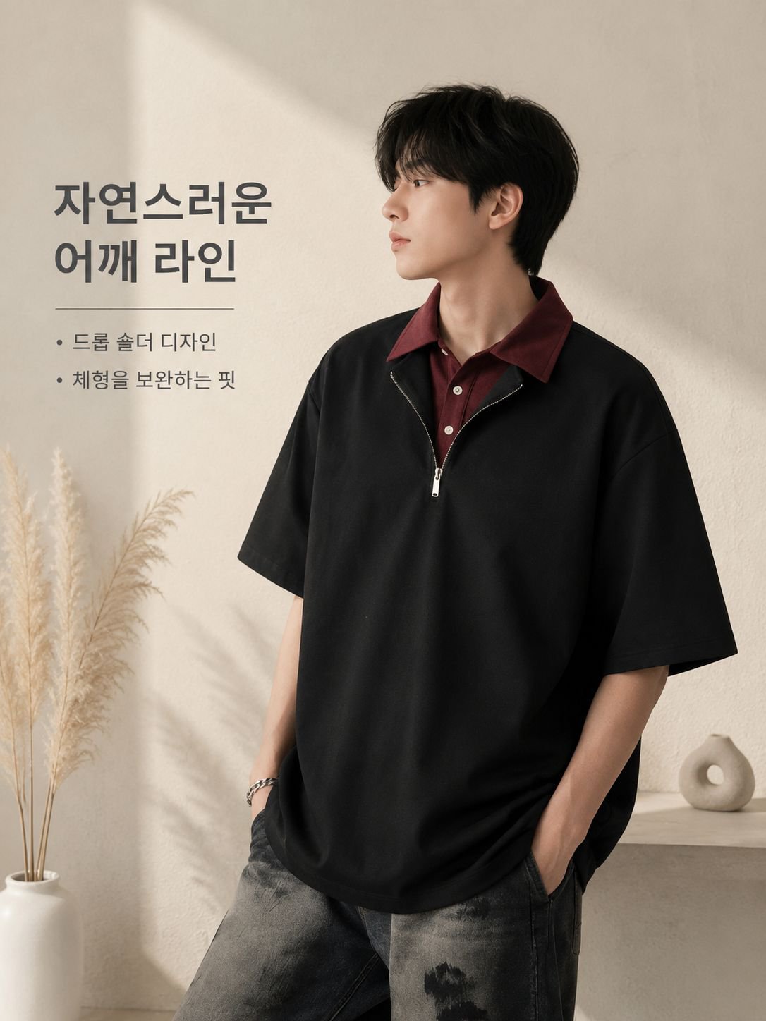 남성용 레이어드 스타일 반팔 폴로셔츠