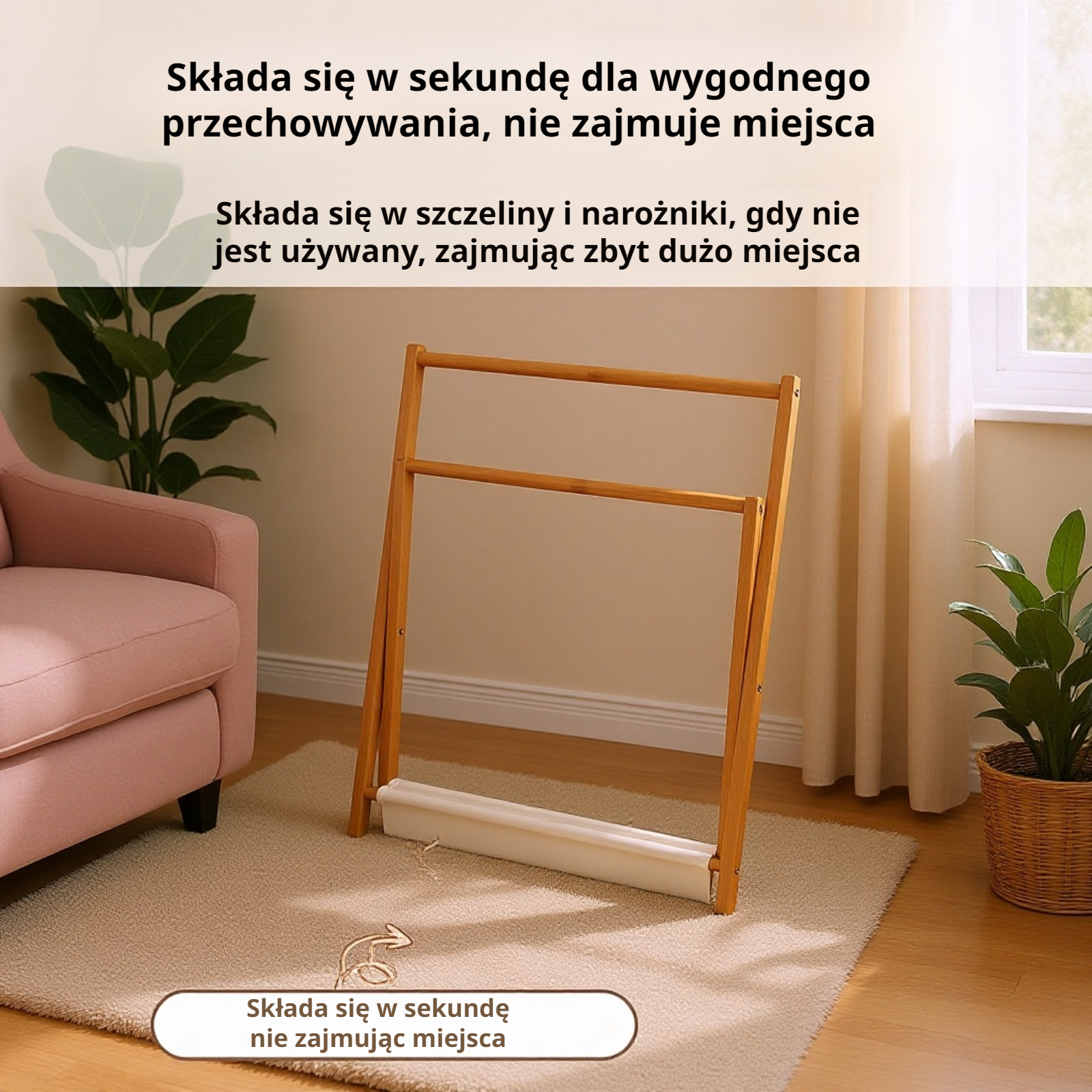 Prosty bambusowy wieszak na ubrania, składany, bezzapachowy, naturalny materiał