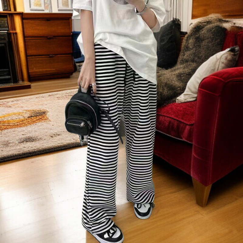 와이드 하이웨스트 슬랙스  와이드 팬츠 여 캐주얼 팬츠 봄 블랙 화이트 스트라이프 와이드 팬츠