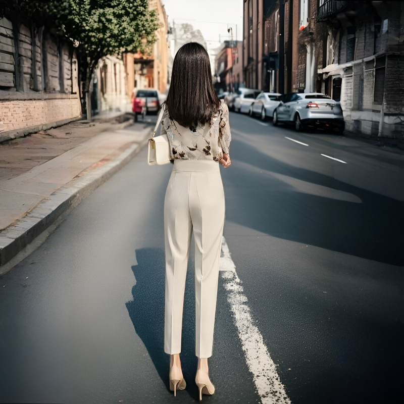 정장바지 여 슬림 배기팬츠 하이웨스트 봄 와이드 캐주얼 정장바지 9부 배기팬츠 작업복 여성