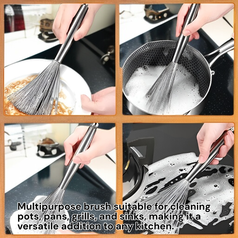 Long Handle Stainless Steel Pot Brush Kitchen Oil Cleaning Brush