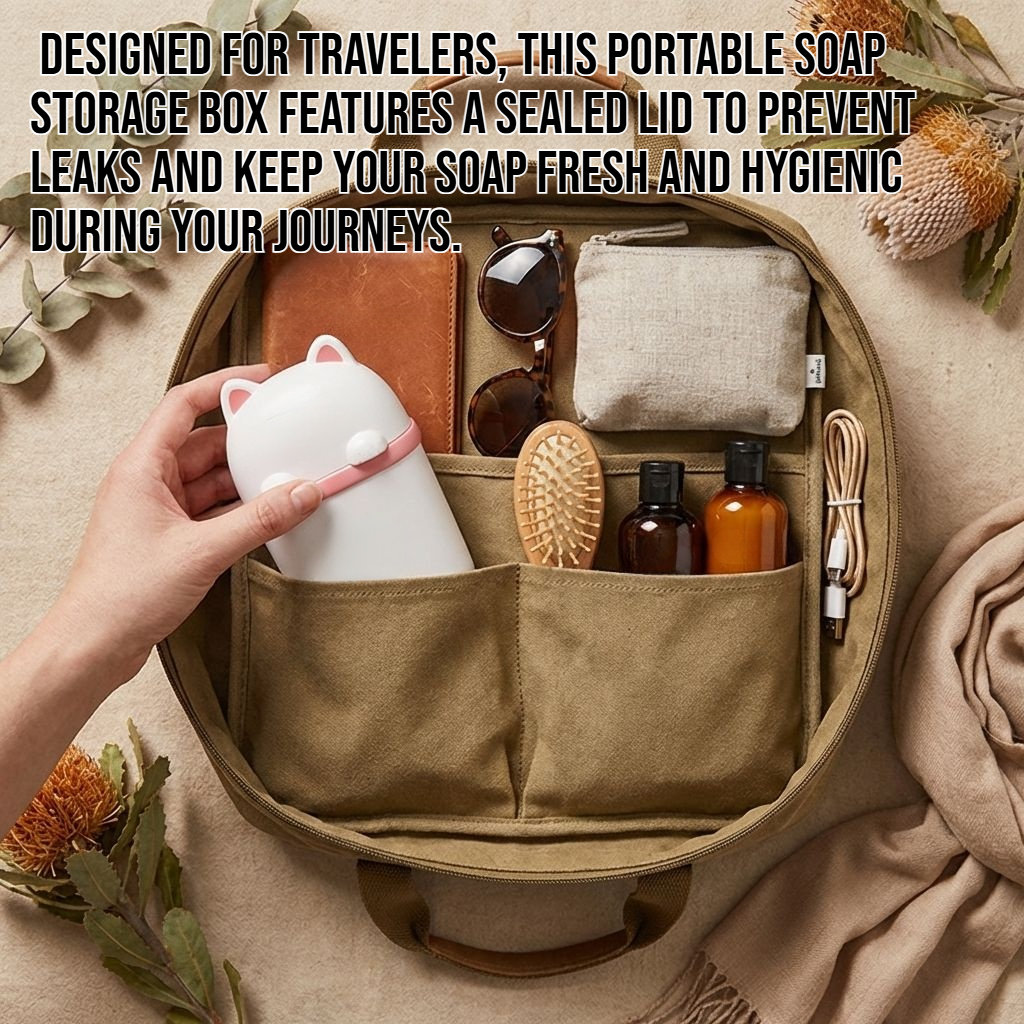 Travel-friendly portable soap storage box with sealed lid for draining.