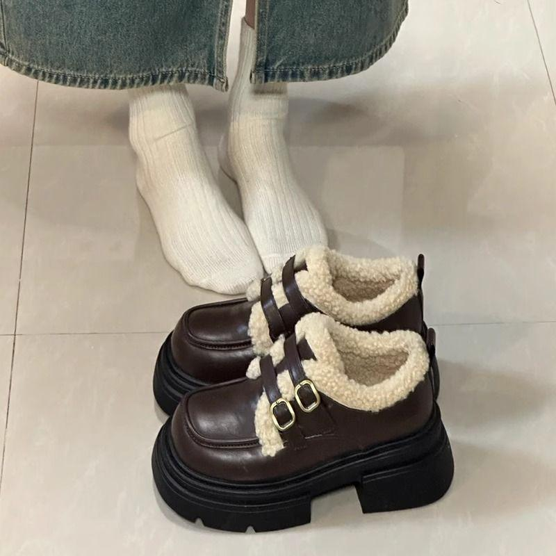 保暖加絨厚底女鞋黑色小皮鞋軟底靴